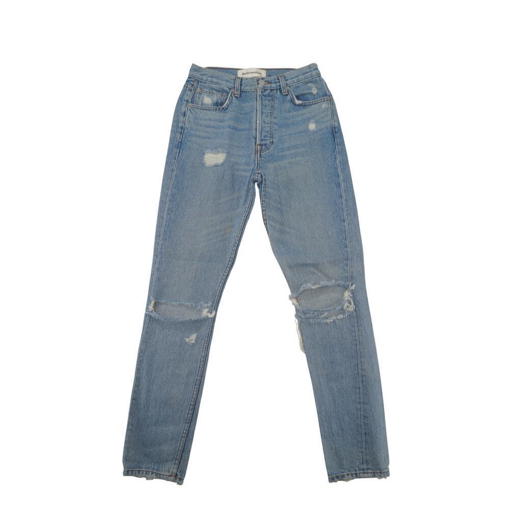 Reformation Mid Rise Skinny Jeans Women’s 26 Distressed Knees Button Fly Blue